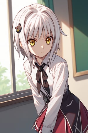 score9_up, score8_up, score7_up, score6_up, 
KONEKO TOUJOU, SHORT HAIR, HAIR ORNAMENT, YELLOW EYES, WHITE HAIR,
SKIRT, SCHOOL UNIFORM, SHIRT, WHITE SHIRT, COLLARED SHIRT, NECKERCHIEF, BLACK NECKERCHIEF, LONG SLEEVES, RED SKIRT, solo,





