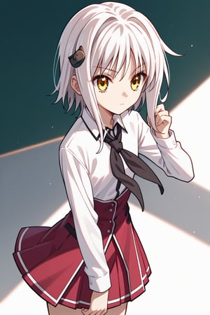 score9_up, score8_up, score7_up, score6_up, 
KONEKO TOUJOU, SHORT HAIR, HAIR ORNAMENT, YELLOW EYES, WHITE HAIR,
SKIRT, SCHOOL UNIFORM, SHIRT, WHITE SHIRT, COLLARED SHIRT, NECKERCHIEF, BLACK NECKERCHIEF, LONG SLEEVES, RED SKIRT, solo,





