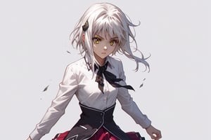 score9_up, score8_up, score7_up, score6_up, 
KONEKO TOUJOU, SHORT HAIR, HAIR ORNAMENT, YELLOW EYES, WHITE HAIR,
SKIRT, SCHOOL UNIFORM, SHIRT, WHITE SHIRT, COLLARED SHIRT, NECKERCHIEF, BLACK NECKERCHIEF, LONG SLEEVES, RED SKIRT, solo,





