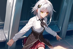 score9_up, score8_up, score7_up, score6_up, 
KONEKO TOUJOU, SHORT HAIR, HAIR ORNAMENT, YELLOW EYES, WHITE HAIR,
SKIRT, SCHOOL UNIFORM, SHIRT, WHITE SHIRT, COLLARED SHIRT, NECKERCHIEF, BLACK NECKERCHIEF, LONG SLEEVES, RED SKIRT, solo,





