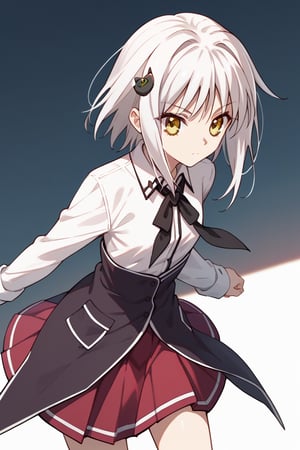 score9_up, score8_up, score7_up, score6_up, 
KONEKO TOUJOU, SHORT HAIR, HAIR ORNAMENT, YELLOW EYES, WHITE HAIR,
SKIRT, SCHOOL UNIFORM, SHIRT, WHITE SHIRT, COLLARED SHIRT, NECKERCHIEF, BLACK NECKERCHIEF, LONG SLEEVES, RED SKIRT, solo,





