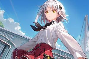 score9_up, score8_up, score7_up, score6_up, 
KONEKO TOUJOU, SHORT HAIR, HAIR ORNAMENT, YELLOW EYES, WHITE HAIR,
SKIRT, SCHOOL UNIFORM, SHIRT, WHITE SHIRT, COLLARED SHIRT, NECKERCHIEF, BLACK NECKERCHIEF, LONG SLEEVES, RED SKIRT, solo,





