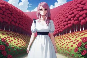 ,  score9_up, score8_up, score7_up, score6_up, slimes_rize, woman, solo, dress, red glasses, red flower field background