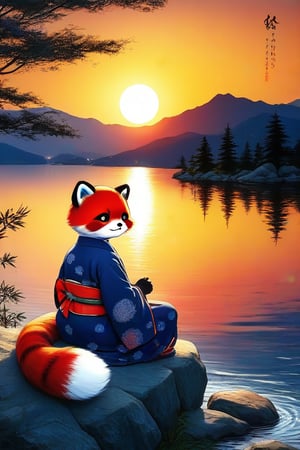 Traditional_japanese_clothes, traditional_artwork,wearing_redpanda_ears,watching,the sunset,sitting_down,on a rock near a lake