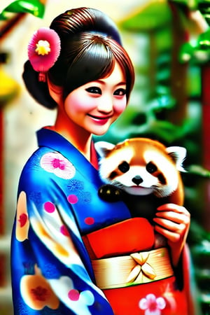 1girl,medium_breasts,hourglass_figure,traditional_japanese_clothes,holding redpanda, red_panda,smiling, looking_at_viewer, realistic 