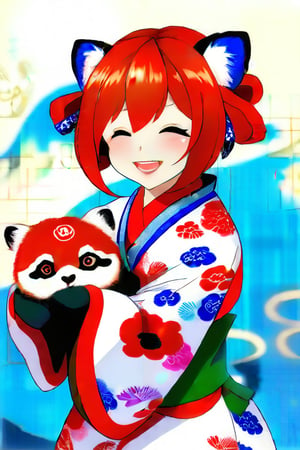 1girl,medium_breasts,hourglass_figure,traditional_japanese_clothes,holding redpanda, red_panda,smiling, looking_at_viewer 