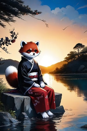 Traditional_japanese_clothes, traditional_artwork,wearing_redpanda_ears,watching,the sunset,sitting_down,on a rock near a lake