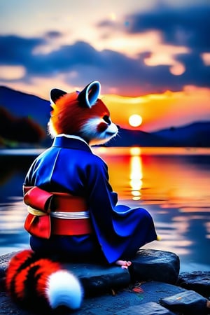 Prompt: Traditional_japanese_clothes, traditional_artwork,wearing_redpanda_ears,watching,the sunset,sitting_down,on a rock near a lake,