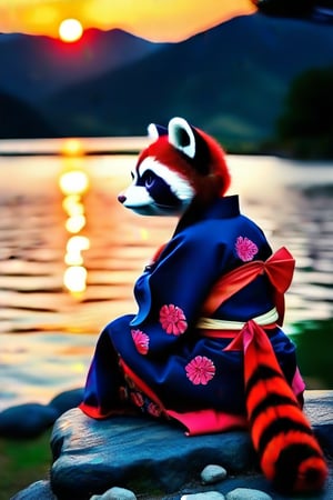 Traditional_japanese_clothes, traditional_artwork,wearing_redpanda_ears,watching,the sunset,sitting_down,on a rock near a lake