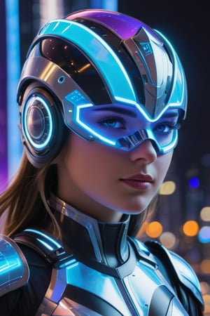 A photorealistic portrait of a royal knight girl in futuristic armor, with sleek, metallic surfaces that reflect a neon-lit cityscape. The armor is intricately detailed with holographic emblems and glowing circuits, giving it a high-tech, regal appearance. The knight’s face is partially covered by a transparent, visor-like helmet, revealing sharp, noble features and piercing eyes. The background is a bustling futuristic city with towering skyscrapers and flying vehicles, bathed in cool blue and purple hues.