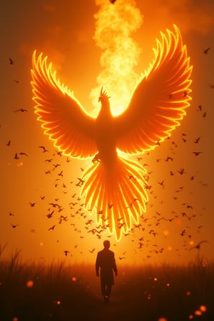 A majestic shot captures thousands of birds in mid-air, converging towards the fiery silhouette of the mythical phoenix. The camera's perspective is from a low angle, emphasizing the sheer scale of the avian flock as they approach the blazing inferno. Soft golden light dances across the flames, casting warm tones on the surrounding landscape. The phoenix itself remains shrouded in its radiant aura, its outline visible against the intense heat and light. The birds, undeterred by the fiery barrier, appear to be drawn to some unseen force, their forms blurred as they merge with the inferno.