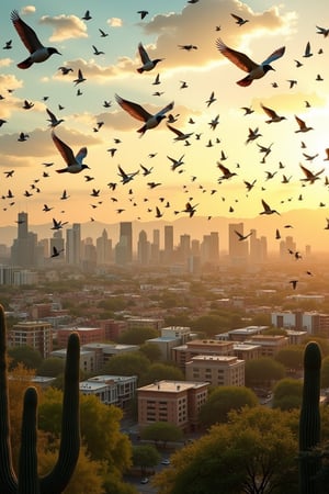 Vast flock of birds in varied plumage descends upon the majestic cityscape of Phoenix, Arizona. Sun-kissed buildings and lush greenery provide a vibrant backdrop as the birds, some with outstretched wings, others in mid-air formation, converge on the metropolis. Golden light casts long shadows amidst the urban landscape.