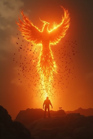 A majestic shot captures the awe-inspiring moment as a flock of thousands of birds soar towards the mystical Phoenix, shrouded in an aura of fiery flames. The viewer's gaze is drawn to the silhouette of the Phoenix's shape, partially obscured by the radiant inferno, its true form hidden from view. Against a backdrop of darkened skies, the intense warmth and light of the flames illuminate the surrounding landscape, as the birds' wings beat fiercely in unison, their formation a mesmerizing blur of feathers and motion.