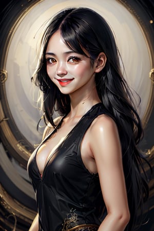 solo, looking at viewer, black hair, 1girl, upper body, female focus, black eyes, lips, realistic, long hair, smile, fantasy background, deep V