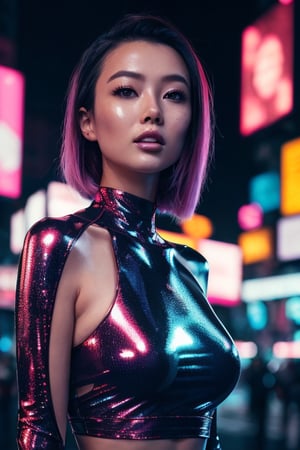 a close up of a woman wearing a shiny top and a choke, ross tran 8 k, glowing magical shiny skin, by Russell Dongjun Lu, beautiful digital artwork, brandon woelfel, ross tran style, bright cyberpunk glow, dreamy cyberpunk girl, artem demura beeple, cyberpunk vibes, in the style of ross tran, by Yanjun Cheng