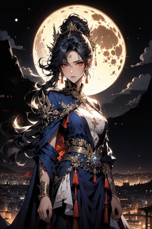 A serene moonlit tableau: Liu Ruoshuang stands statuesque on the hillside, her piercing gaze challenges the night's darkness as silver moonlight casts an ethereal glow on her resolute face. Hands clasped in a gentle yet determined grasp, her features are softly illuminated by the lunar beam, set against the dramatic silhouette of the hill.