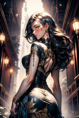 In an ornate courtyard, a stately woman stands majestically, wearing a traditional cheongsam dress that shimmers under soft golden lantern light. Porcelain skin and rustling silk fabric are illuminated against intricate stone carvings and lush greenery. Long black hair flows down her back like a waterfall, framing her stoic face with deliberate calmness. She stands confidently, one hand on the ornate balustrade, the other holding a delicate fan with intricate designs reflected in her serene expression.,wet skin,shiny skin,mature female