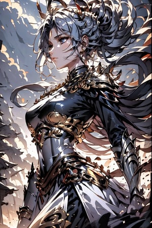 A majestic warrior maiden, clad in shimmering armor, grasps a long spear with both hands, riding a regal stallion. Her piercing gaze seems to bore into the distance, as her silver locks cascade down her back like a river of moonlight. The camera frames her from a slight low angle, emphasizing her heroic stature against the vast expanse of the open terrain, bathed in warm golden light.