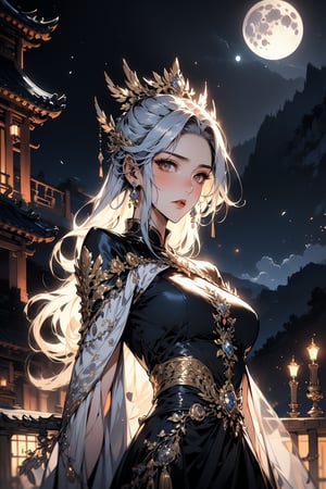 A serene moonlit tableau: Liu Ruoshuang stands statuesque on the hillside, her piercing gaze challenges the night's darkness as silver moonlight casts an ethereal glow on her resolute face. Hands clasped in a gentle yet determined grasp, her features are softly illuminated by the lunar beam, set against the dramatic silhouette of the hill.