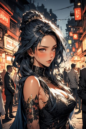 In a bustling street market, a woman stands alongside a man, surrounded by a throng of people. The woman, positioned at the left side of the frame, exudes an aura of reserved intensity as she gazes upward, her voice hushed in conversation. Soft lighting casts a warm glow on her contemplative expression, while the surrounding crowd creates a sense of dynamic energy.