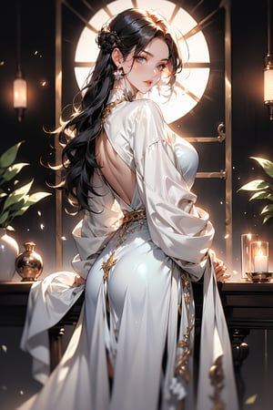 Here is the prompt:

A serene indoor setting, dimly lit by soft, warm candlelight. Liu Ruoshuang, slender and elegant, stands tall at around 5'4 (163 cm), her delicate features illuminated by a gentle glow. Her morbidly pale complexion glows with a subtle sheen, as if infused with the soft light. Her black hair falls like a waterfall down her back, sometimes gathered in a loose bun adorned with a sprig of hosta. Her skin, as fair as jade and creamy smooth, appears radiant despite its lack of sunlight. She wears a flowing white or light gray long skirt that brushes the floor, the fabric as light as clouds. Sometimes she dons a diaphanous gauze coat, casting an ethereal aura around her.