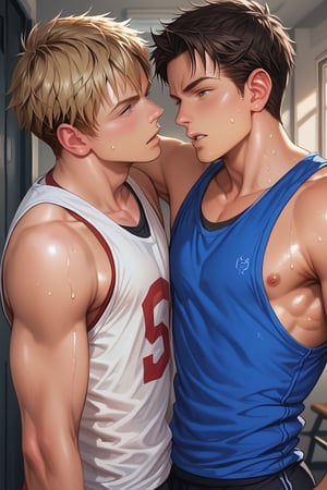 2boys,teenager,afterexercise,in the school,one of them sniff friend armpit,singlet shirt,


