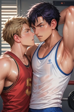 2boys,teenager,afterexercise,in the school,one of them sniff friend armpit,singlet shirt,showing_armpit


