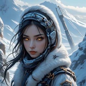 a girl, biomechanical implants, one eye yellow, the other black, a huntress, dressed warmly, snowy hills, fragments of a huge drill in the distance, northern flavor, on a high cliff, tundra. dark fantasy. cold tones. snowy wind, sunlight, towing. 64k. liquid foil. detailed texture. high quality. beautiful oil painting art. julie bell style. grunge style, epic fantasy, surrealism, post-apocalypse, fantasy,