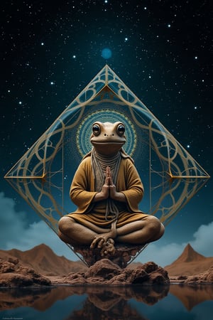 A diamond toad with a Taoist monk's serene expression meditates within a tesseract hypercube, surrounded by a fractal landscape in a three-point perspective. The hypercube's reflective surfaces create a mirrored effect, enhancing the intricate geometry. The toad's face morphs into a Mayan mantis jellyfish, blending ancient and futuristic elements. The scene is bathed in Astrachrome lighting, casting a surreal glow that highlights the intricate details. The composition is centered, with the toad's meditation pose and the hypercube's symmetry creating a balanced, contemplative atmosphere.