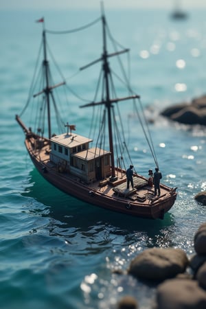 Miniature sea and boat scene with tilt-shift effect, capturing 'people at work' in a creative photography poster style. Emphasis on beautiful and surreal global lighting, ultra-detailed 8k resolution. Simple composition, suitable for wallpaper and cinematic commercial ad campaigns.