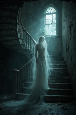 Craft a haunting ghost story centered around:

- An ancient, decaying mansion with a grand staircase
- A translucent, ethereal figure of a woman in white standing at the foot of the stairs
- Moonlight streaming through a window, casting eerie shadows
- Dust particles dancing in the pale light beams
- Peeling wallpaper and signs of neglect throughout the house
- A sense of timelessness and suspended animation
- The contrast between the darkness of the house and the ghostly glow of the apparition

Focus on the history of this spectral woman. Why does she haunt these stairs? Is she trapped, waiting, or guarding something? Explore themes of unfinished business, lost love, or hidden family secrets. Consider introducing a living character who encounters this ghost - perhaps a new homeowner, a paranormal investigator, or a descendant of the ghost's family. How does this encounter change both the living and the dead?