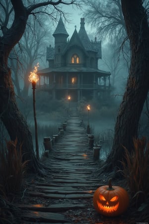 
- A decrepit, haunted house looms in a misty swamp
- A treacherous, winding wooden walkway leads to the house
- Flickering torches line the path, casting an eerie glow
- Gnarled, dead trees frame the scene, their branches like claws
- Cobwebs drape across the trees and house, suggesting ancient neglect
- A carved pumpkin with a sinister grin guards the entrance to the walkway
- The house emanates a faint, otherworldly light from within
- An atmosphere of dread and supernatural menace pervades the setting

Focus on a protagonist who must traverse this perilous path to reach the house. What compels them to undertake this journey? What horrors might they encounter along the way? Explore themes of facing one's fears, the lure of the unknown, and the thin veil between our world and the realm of spirits. What dark secrets or ancient evil await discovery in the depths of the swamp house?