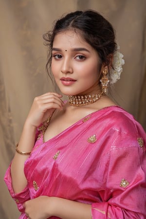 a very beautiful girl in pink saree