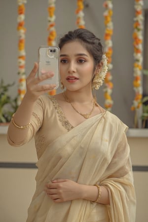 a very beautiful girl wearing beige color saree taking selfie with iphone 