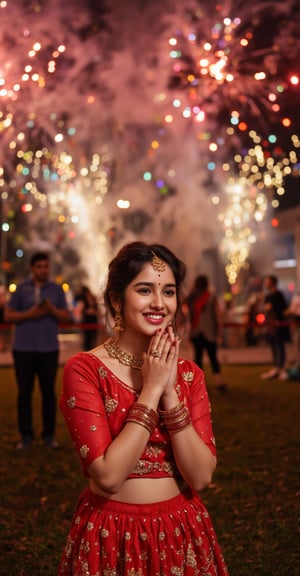 A vibrant image of an Indian girl radiant with joy, wearing a stunning crimson lehenga adorned with intricate golden embroidery, against a kaleidoscope backdrop of fireworks illuminating the night sky. Her bright smile radiates warmth, as she stands with hands cupped around her face, mesmerized by the twinkling lights and colorful explosions.