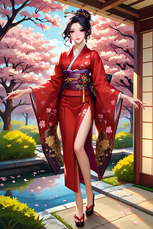 "Create an ultra-realistic, full-body image of a beautiful Japanese girl in her early twenties, standing in a tranquil Japanese garden. She is wearing a luxurious, traditional kimono made of fine silk, featuring intricate floral patterns in shades of deep crimson, gold, and ivory. The kimono is cinched at the waist with an ornately decorated obi belt, showcasing her slender figure. The obi is tied in a classic taiko musubi knot, with a delicate fan tucked into its folds. Her glossy, raven-black hair is styled into an elegant updo, adorned with kanzashi hairpins and a few loose strands gently framing her face. She has porcelain-like skin, with subtle makeup that highlights her almond-shaped eyes. The background is filled with blooming cherry blossom trees, a koi pond, and a traditional stone lantern. The soft, dappled sunlight filters through the cherry blossoms, casting a warm glow on her and accentuating the rich textures and colors of her kimono. The scene captures the essence of serenity and grace, with every detail meticulously rendered."