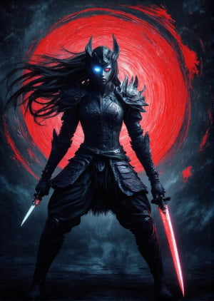 "(Masterpiece, high quality, 8K, high_res), abstract illustration, sketchbook style, ultra detailed, let's create a full body with depth of a beautiful shadow fighter girl with piercing blue eyes, her long, flowing black hair streaked with subtle red highlights. She wields a glowing, sharp red sword in one hand, casting a faint glow on her sleek and toned body. Her dark armor clings to her figure, intricate with shadowy designs, black and silver in color, with shadowy tendrils subtly wrapping around her. She wears no helmet, revealing her fierce yet beautiful face, her expression calm yet deadly. Her arms and legs are covered with delicate black tattoos, like dark smoke that moves along her skin. She stands in a strong, battle-ready pose, her red sword glowing ominously. The background is abstract, painted in swirling shades of deep black, crimson, and blue. This is a true artwork, inspired by samurai aesthetics and Artgerm’s style, with hints of Leonardo da Vinci’s dynamic figure drawing. A full-body view of this shadowy warrior, set in a painting with abstract elements swirling behind her."