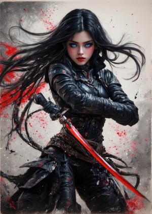 "(Masterpiece, high quality, 8K, high_res), abstract illustration, sketchbook style, ultra detailed, let's create a full body with depth of a beautiful shadow fighter girl with piercing blue eyes, her long, flowing black hair streaked with subtle red highlights. She wields a glowing, sharp red sword in one hand, casting a faint glow on her sleek and toned body. Her dark armor clings to her figure, intricate with shadowy designs, black and silver in color, with shadowy tendrils subtly wrapping around her. She wears no helmet, revealing her fierce yet beautiful face, her expression calm yet deadly. Her arms and legs are covered with delicate black tattoos, like dark smoke that moves along her skin. She stands in a strong, battle-ready pose, her red sword glowing ominously. The background is abstract, painted in swirling shades of deep black, crimson, and blue. This is a true artwork, inspired by samurai aesthetics and Artgerm’s style, with hints of Leonardo da Vinci’s dynamic figure drawing. A full-body view of this shadowy warrior, set in a painting with abstract elements swirling behind her."