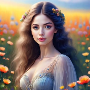 painting of a woman with long hair and a dress in a field of flowers, beautiful fantasy art portrait, beautiful digital illustration, beautiful digital artwork, beautiful fantasy portrait, beautiful digital painting, fantasy art portrait, gorgeous digital painting, stunning digital illustration, beautiful character painting, beautiful digital art, beautiful art uhd 4 k, beautiful gorgeous digital art, fantasy portrait art, fantasy portrait