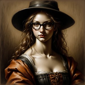 faithful reproduction of the famous painting “lady with an ermine” by Leonardo da vinci; the lady has long, messy hair and wears a hat and dark glasses