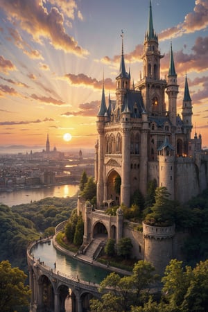 A whimsical illustration of Laputa, the mystical floating city from Studio Ghibli's 'Castle in the Sky', set against a warm sunset sky with wispy clouds. The majestic castle's towers and spires rise majestically, surrounded by a halo of golden light. Characters like Pazu and Sheeta can be seen exploring the intricate architecture or gazing out at the breathtaking view.