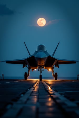 A dramatic shot of a US military F-22 Raptor fighter jet being ejected from an aircraft carrier's deck at dusk, with the darkening sky and moonlit sea serving as a stark backdrop. The plane's sleek silhouette is illuminated by the faint glow of navigation lights, while the ship's massive deck and the pilots' anxious stance convey a sense of urgency and action.