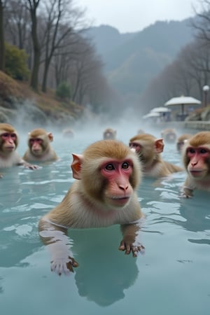 Jigokudani Monkey Park, a group of Japanese wild macaques bathing in hot springs