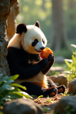 A serene giant panda settles into the rustic rock outcropping, bathed in gentle sunlight filtering through the treetops. He cradles a crispy fried chicken piece in his paw, indulging in the savory delight as the soft, warm lighting casts dappled shadows across the forest floor, where ferns and underbrush sway gently in the breeze.