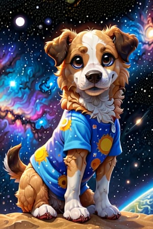 very detailed and high quality masterpiece,cartoon of a dog in summer clothes, universe background