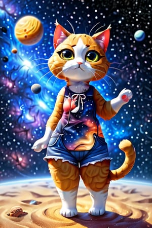 very detailed and high quality masterpiece, full body cat cartoon in summer clothes, universe background