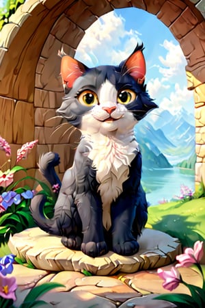 Very detailed and high quality masterpiece, cheerful cat cartoon, full body, beautiful background