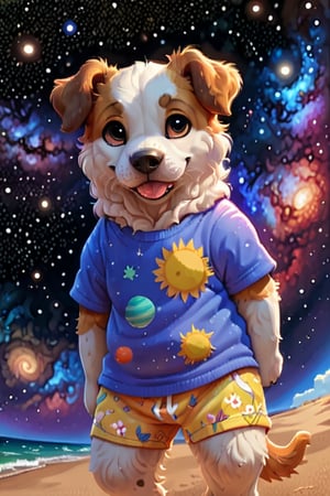 very detailed and high quality masterpiece,cartoon of a dog in summer clothes, universe background