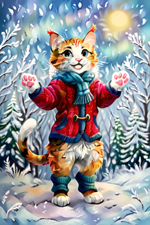 Vibrant illustration of a cheerful feline friend standing on his hind legs, sporting a radiant smile and winter attire. intertwined background