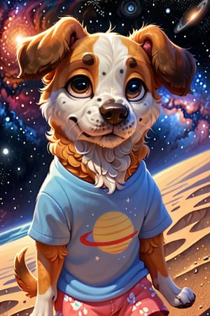 very detailed and high quality masterpiece,cartoon of a dog in summer clothes, universe background